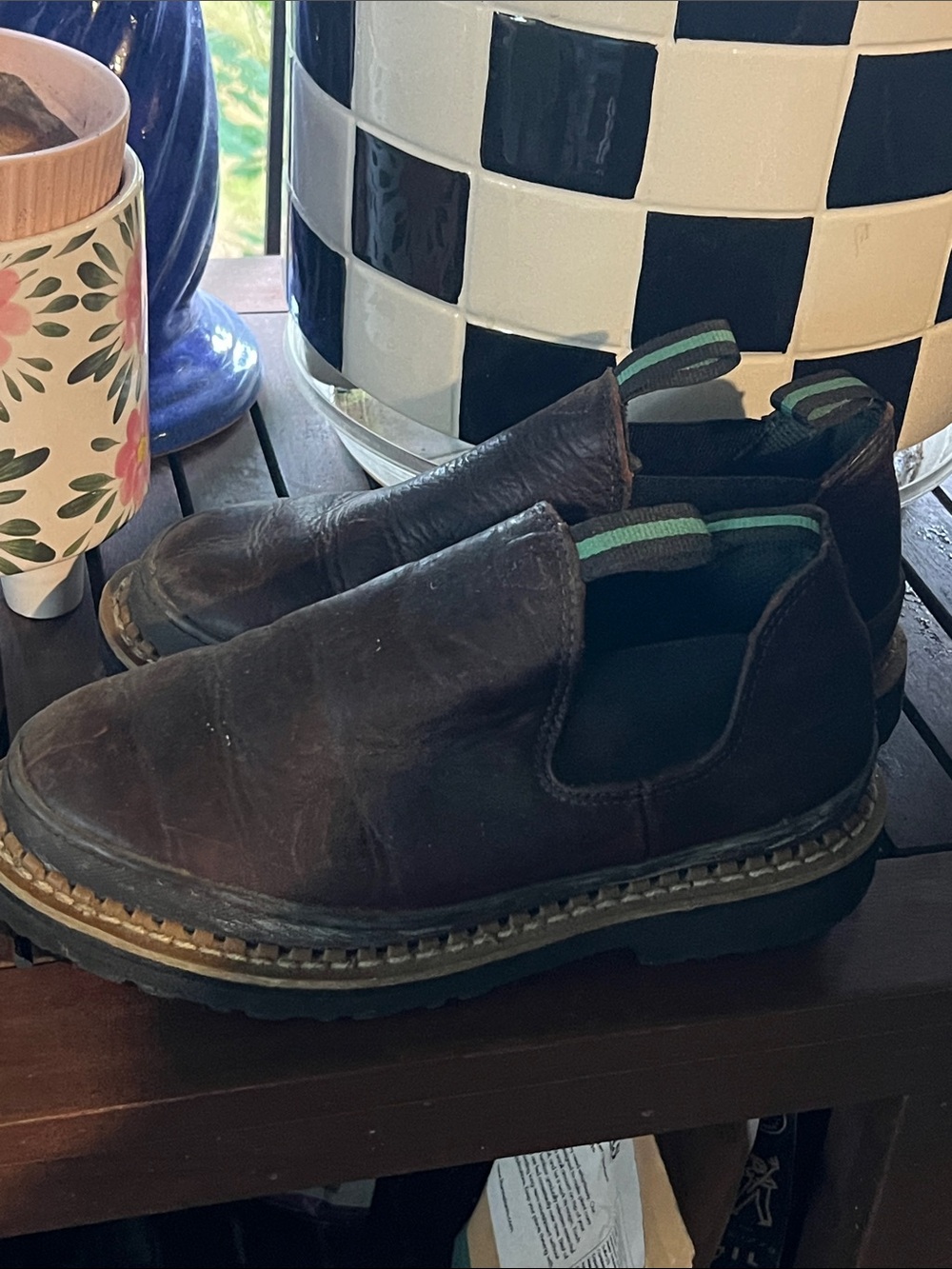 Georgia Boot Dark Brown Leather Slip-On Ankle Boots with Green Accent Pull Tabs